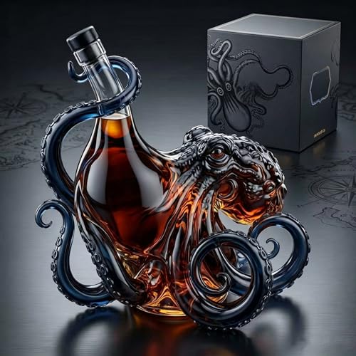 Decantador de vino con forma de pulpo, 320 ml - Arte náutico en vidrio 3D, soplado a mano y sin plomo - Una pieza de colección para una presentación elegante de vinos, licores y refrescos