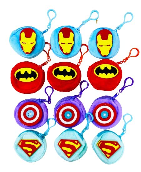 ExcluZiva Gallery Pack Of 12 Trendy 3D Super Hero Zipper Pouch Soft Stuffed Round Bag Coin Pouch Multicolour Avengers Spiderman Batman Captain America Print Wallet Purse Cute Coin Bag For Kids Boys Girls Kanjak Navratri Diwali Festival Party Theme Birthday Return Gift
