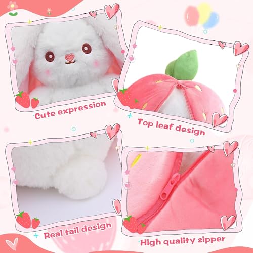 Image of VanityX Reversible Strawberry Bunny Soft Toy, Cute Plush Doll for Kids, 2-in-1 Stuffed Toy Pillow, Soft Toys for Baby Girls, Birthday Gift for Girlfriend, Girls Gift Items (Strawberry, 30cm)