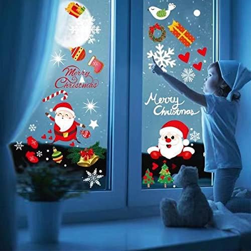 Christmas Window Stickers, Double-Sided 9 Sheets (213 Pcs) Reusable Stickers with Santa Claus Snowman Reindeer Snowflake for Christmas Party