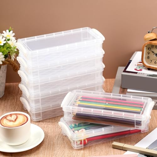 Image of Gueevin 12 Pcs Large Capacity Plastic Pencil Box Clear Plastic Pencil Case Crayon Box with Snap Tight Lid Watercolor Pen Storage Brush Organizer Drawing Tools Container (White)