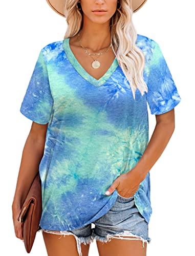 MOLERANI Ladies Tops V-Neck Short Sleeve T Shirt Summer Causal Tunic (Ocean Wave,2XL)