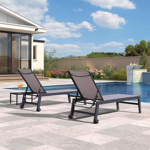 Image of PURPLE LEAF Patio Chaise Lounge Set 2 Pieces Textilene Pool Lounge Chairs with Wheels Sunbathing Chair with 5 Adjustable Position for Outdoor Yard (2 Light Grey Lounges W /Side Table)