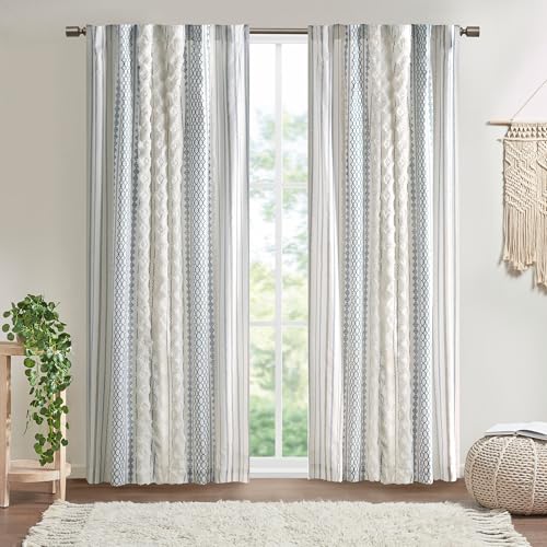 Image of Ink+Ivy Boho Curtain for Bedroom Single Panel Window Curtain for Living Room, 100% Cotton Tufted Chenille Stripe Modern Farmhouse Curtain Light Filtering Drape for Bedroom, 50 inch x 84 inch, Ivory /Navy