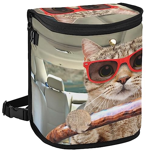 Image of Fun Cute Cat Driving Car Trash Can Car Garbage Bag with Lid Hanging Waterproof Leak Proof Vehicle Storage Bin