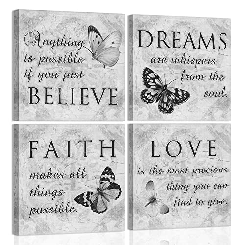 Inspirational Butterfly Wall Art - 4 Panels Grey Canvas Print - Faith Love Dreams Believe Calligraphy Canvas Wall Decor - Motivational Posters for Home Office Decor (B01, 12x12inch)