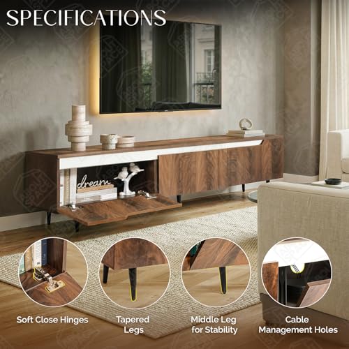 Image of ABOUT SPACE TV Unit - Engineered Wooden TV Stand Table Cabinet with Drop Down Doors, Cable Hole for Set Top Box WiFi Router Stand for Living Room, Bedroom (White & Walnut- L 180 x B 37 x H 48 cm)