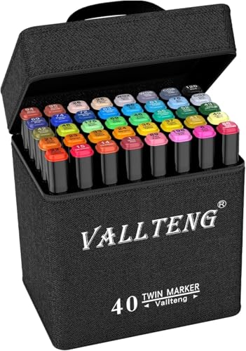 Vallteng 40 Colors Permanent Art Markers Twin Marker Pen Broad Fine Point Black Animation Design for Drawing Coloring with Carrying Case and Base