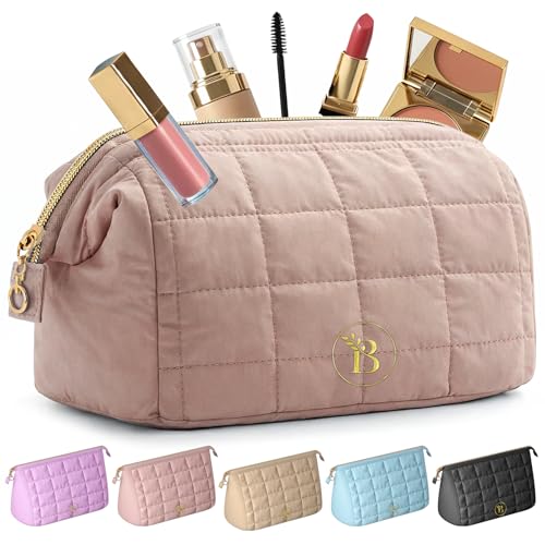 Trousse de Toilette Femme Rose Foncé Matelassée, Trousse Maquillage avec Grande Ouverture, Organisateur Maquillage à Compartiments Internes pour Voyage &...