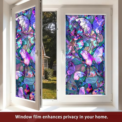 Image of Nuxovilar 17.7x39 Butterfly Stained Glass Window Film, Iridescent | Iridescent butterfly stained glass window film for privacy. Static cling PVC decal for cabinets and dividers.