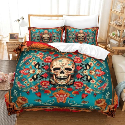 Housses de couettes crâne de fleurs 3D en microfibre zippée douce lit double 200x200 - 3