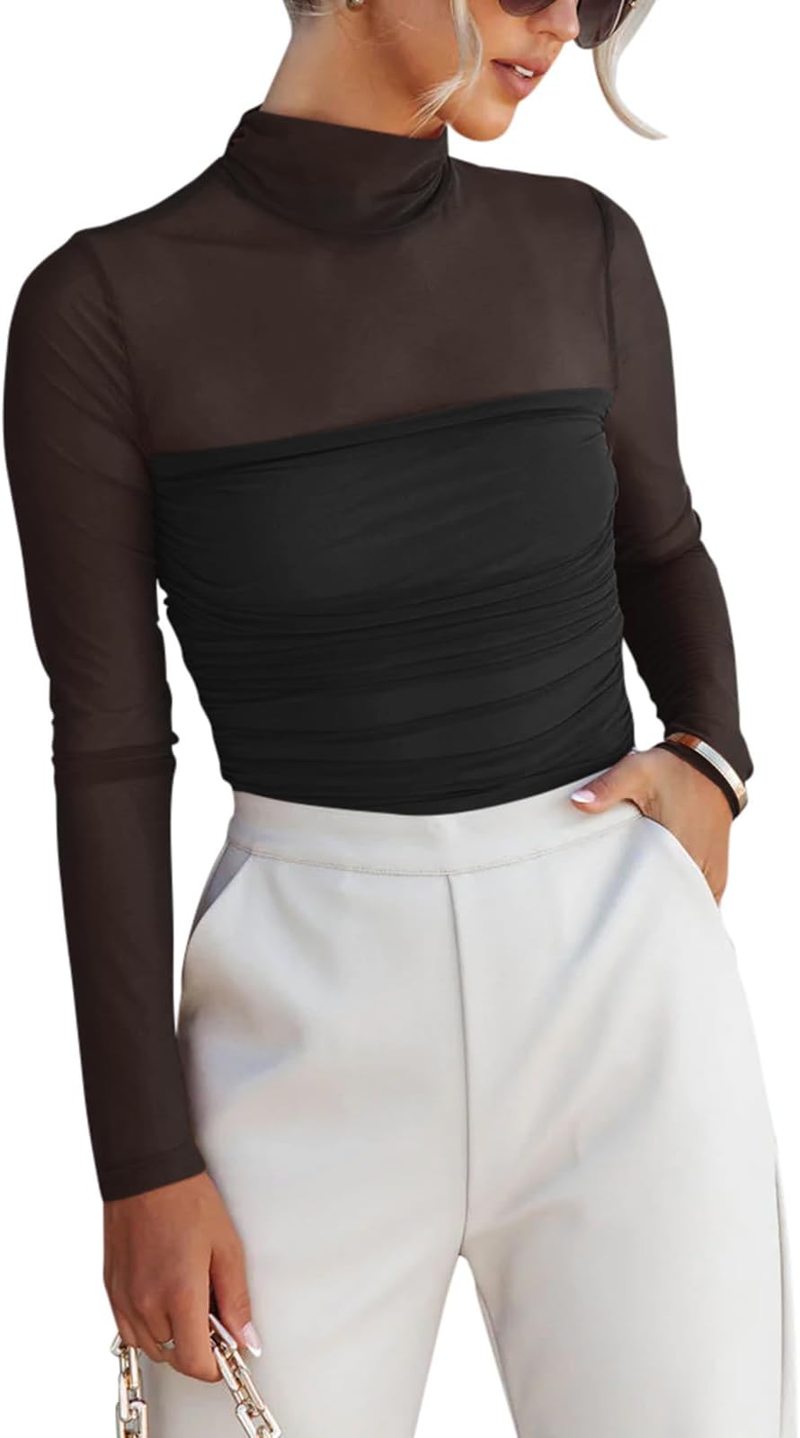 REORIAWomen’s Trendy Sexy Mock Turtle Neck Long Sleeve Sheer Mesh Ruched Going Out Bodysuits TopsGlobal Recycled StandardGlobal Recycled StandardGlobal Recycled Standard