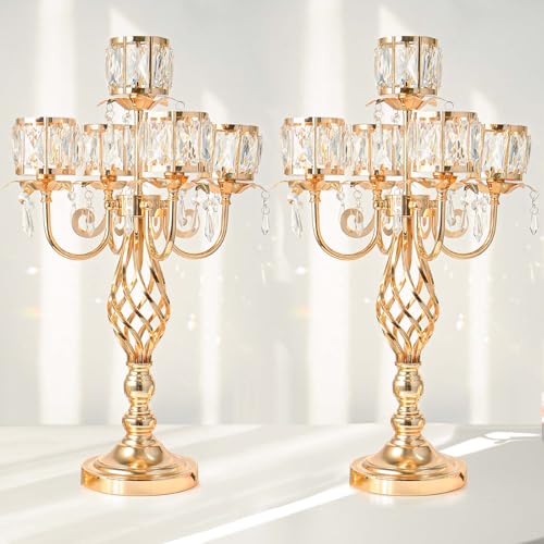 23.2 inch Tall Elegant and Chic 5 Arm Pendant Crystal Candlestick Holder Table Decoration tealight Candle Holder, Candelabra for Gorgeous Wedding/Parties Table Centerpiece (2, Gold)