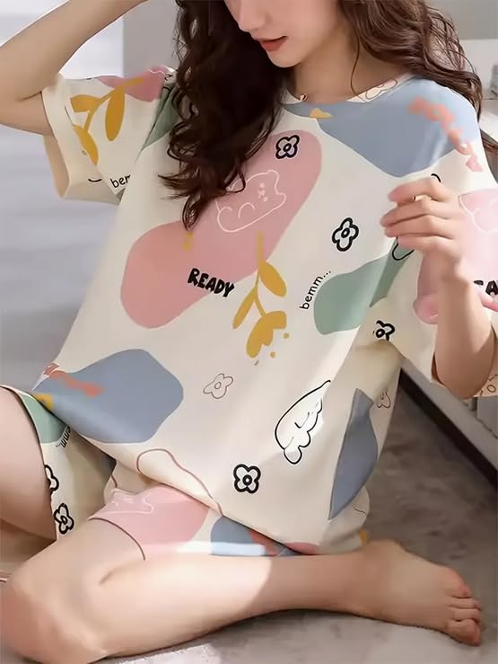 Image of Lunza Women's Cotton Blend Pajama Set, Short Sleeve T-Shirt and Shorts, Cute Bear Print Nightwear