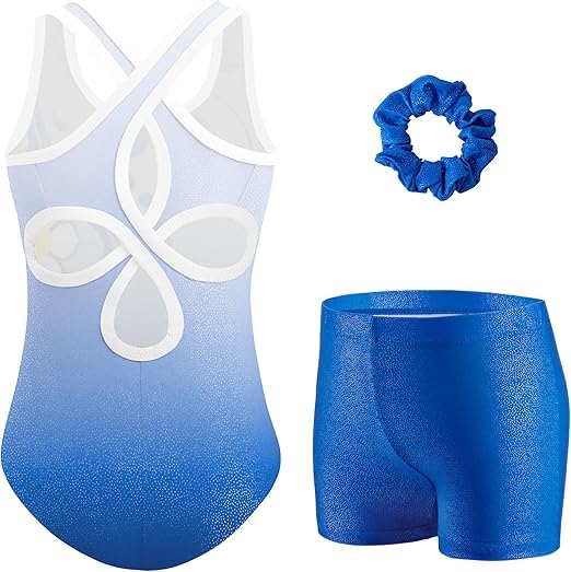 Arshiner Turnanzug Mädchen 3-teiliges Gymnastikanzug-Set für Kinder mit Shorts und Haargummi ärmellos mit Cut-out-Rücken und Glitzer 3-4 Jahre