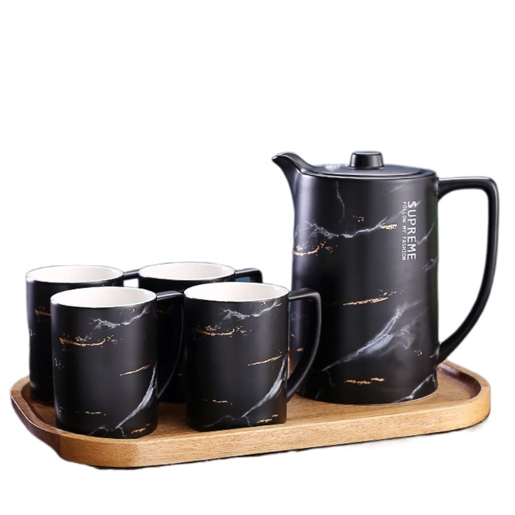 Zestaw Herbaty 6 Sztuk Zestaw Filiżanek Do Herbaty Z Drewnianą Tacą Na Herbatę Prosty Styl Skandynawski Ceramiczny Domowego Biura Dla Codziennego Użytku(Black)