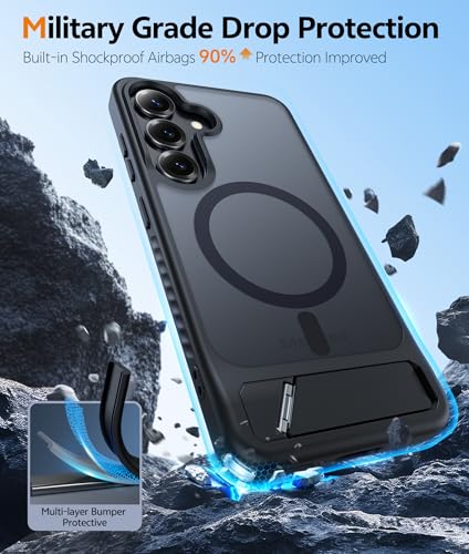Image of FNTCASE for Samsung Galaxy S25-Plus Case: [Magnetic Stand] [Compatible with Magsafe] Translucent Matte Military Grade Shockproof Drop Rugged Protective Phone Cover, Black