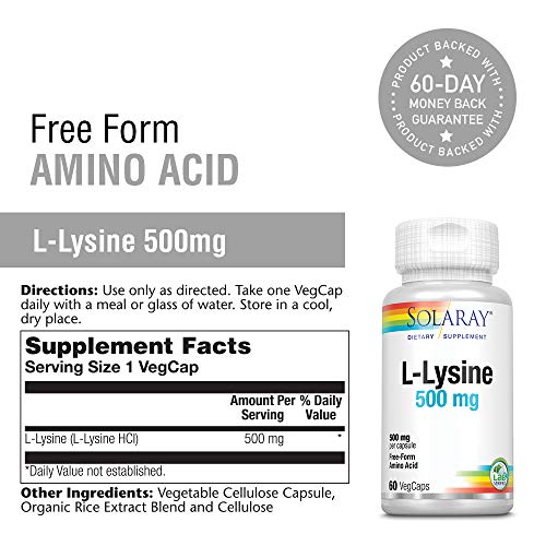 Solaray L-Lysine 500Mg | Amino Acid | Healthy Cognitive, Immune System & Gi Function, Bones, Joints & Skin Support | 60 Vegcaps #TOP2