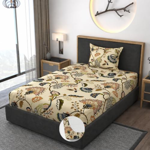 Image of Vaini Premium Heavy Cotton Elastic Fitted Bedsheets with 1 King Size Pillow Covers || Single Bed with All Around Elastic 350 TC || 36 x 78 x 6 Inch Single Size Fitted || :- Jaipuri Peacock