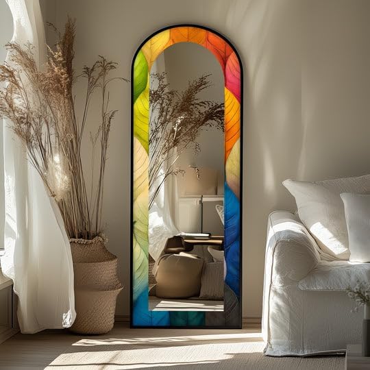 23,5’’W x 67’’H Botanic Spectrum – Leaf Pattern Abstract Floor Mirror Arched Full Lenght Mirror - Arch Full Body Stained Floor Mirror with Black Frame with Black Frame