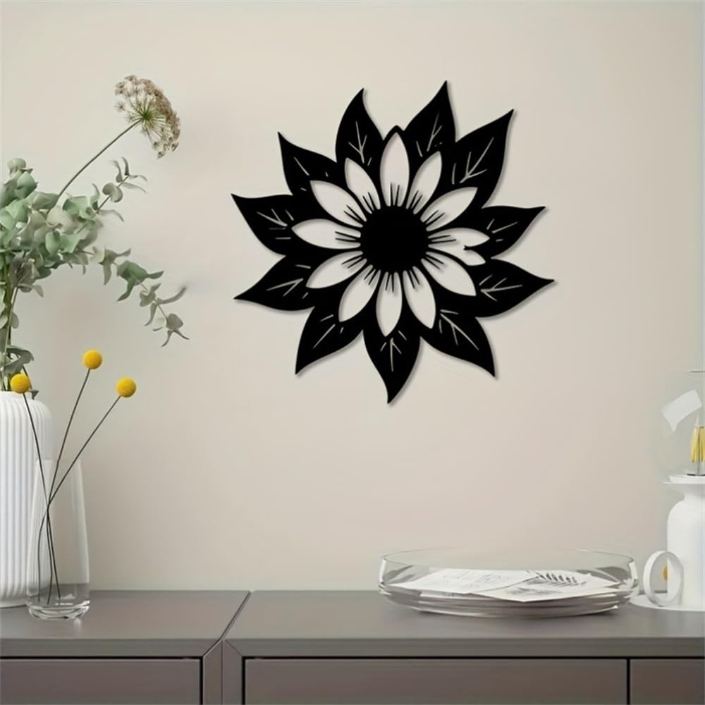 Generico Decoración de pared abstracta contemporánea de Metal con girasoles, diseño Floral Negro para Sala de estar, cocina y comedor para amantes del sol y Las Flores.