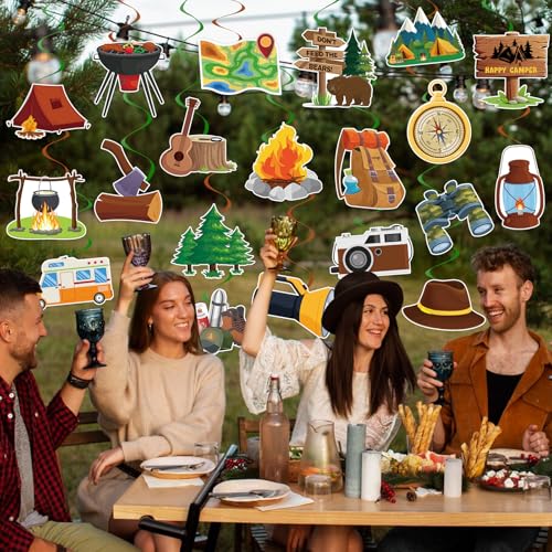 Image of 40Pcs Camping Hanging Swirl Decorations, Happy Camper Party Hanging Swirls Camping Adventure Bears Tent Telescope Sign Foil Swirls Ceiling Decorations for Camping Birthday Baby Shower Party Decor