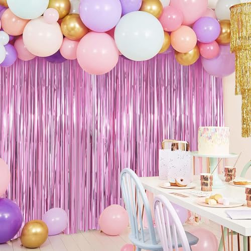 Image of Pink Party Decorations Backdrop Curtains 2Pack - 3.3x8.2FT Pink Backdrop Photo Booth Props Fringe Curtains - Hot Pink Birthday Decorations Streamers Barbie Party Decorations Princess Backdrop