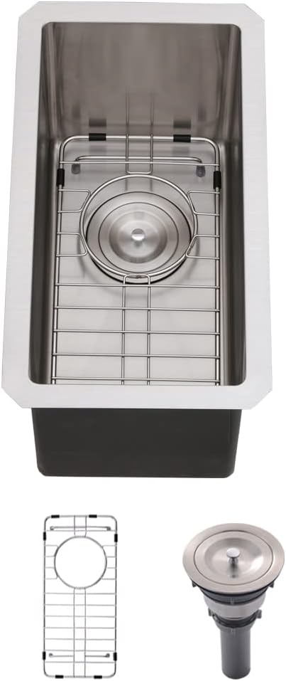 10 Inch Bar Sink Undermount-Bokaiya 10x18 Inch Small Bar Sink Stainless Steel Wet Bar 16 Gauge Single Bowl Small Kitchen Sink with Dish Grid 10 W x 18 D x 10 H Brushed Nickel