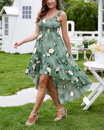 Image of Kormei Women's Casual Smocked Tank Dress Sleeveless High Low Flowy Summer Beach Tiered Loose Maxi Long Dresses L Green Floral
