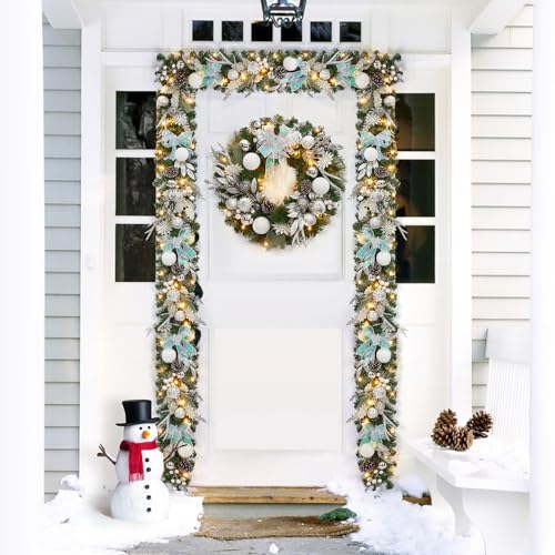 6 Ft Prelit Christmas Garland, Artificial Rattan Flower Snowflake Xmas Garland, Battery Operated Indoor Outdoor Lighted Christmas Garland Decorations for Holiday Garden Gate Stairs