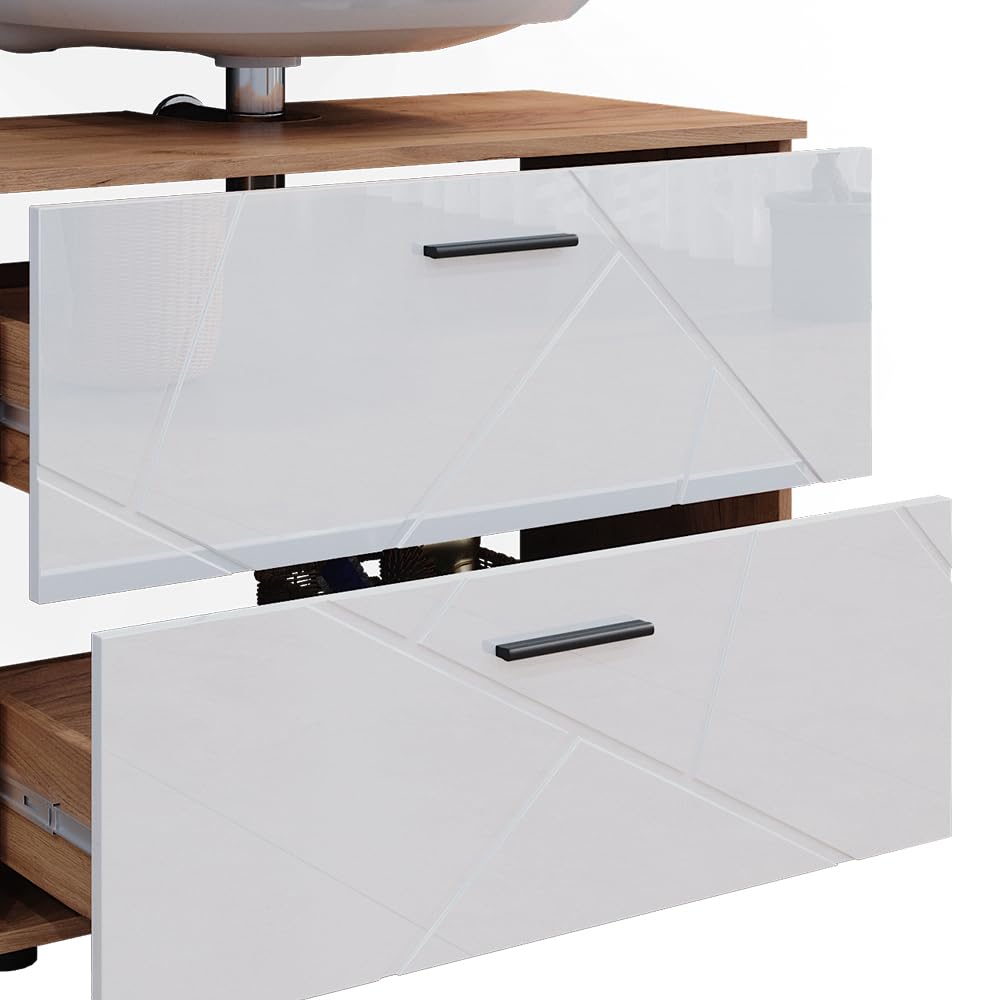 Vicco Mobile sottolavabo per bagno Irma Bianco lucido/Rovere 80x58.6 cm | adatto per l'installazione sopra il sifone con aperture di aerazione