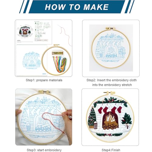 Image of Zhenqing Christmas Embroidery Kit for Beginners - 4 Piece 29x29cm Round Designs with Embroidery Hoop, Threads & Tools (Snowy Cabin, Fireplace, Candy Cane, Holly)(C0066)