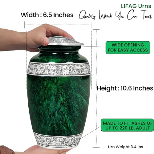 Image of Hand-Engraved Green Urn for Ashes for Women & Men with Ash Pendant & Velvet Bag | Green Marble Finish Metal Cremation Urns for Human Ashes Adult Man | Elegant Burial & Funeral Urn, Large, 220lbs