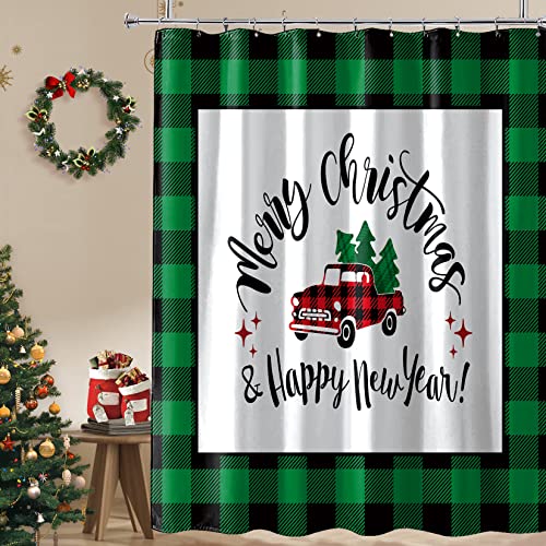 BIVINAR Green Buffalo Check Plaid Christmas Shower Curtain, Vintage Christmas Red Truck with Green Pine Tree Bathroom Shower Curtains, 72 x 72