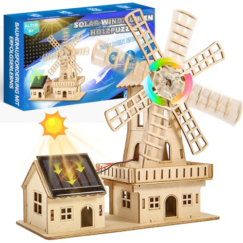STEM Solarbetriebenes 3D Holzpuzzle - DIY Windmühlenhaus Bausatz,Wissenschaftliches Lernspiel für Kinder 8-15 & Erwachsene,Kreatives Modellbauprojekt,Klare Anleitung auf Deutsch.