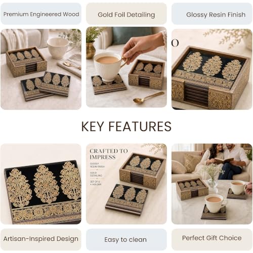 Image of The Earth Store Premium Royal Heritage Wooden Coaster Set of 6 with Matching Holder - Engineered Wood with Resin Art Wooden Coaster | Tea Coaster Set of 6 | Square Coaster Set for Dining Table