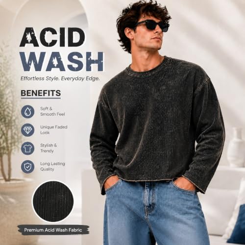 Buy Men's Oversized Washed T-Shirt L Size Black | Unisex Boxy Fit, Cropped Tee, Waffle Knit, Streetwear Fashion Top, Trendy Loose Fit at Amazon.in - Image 6