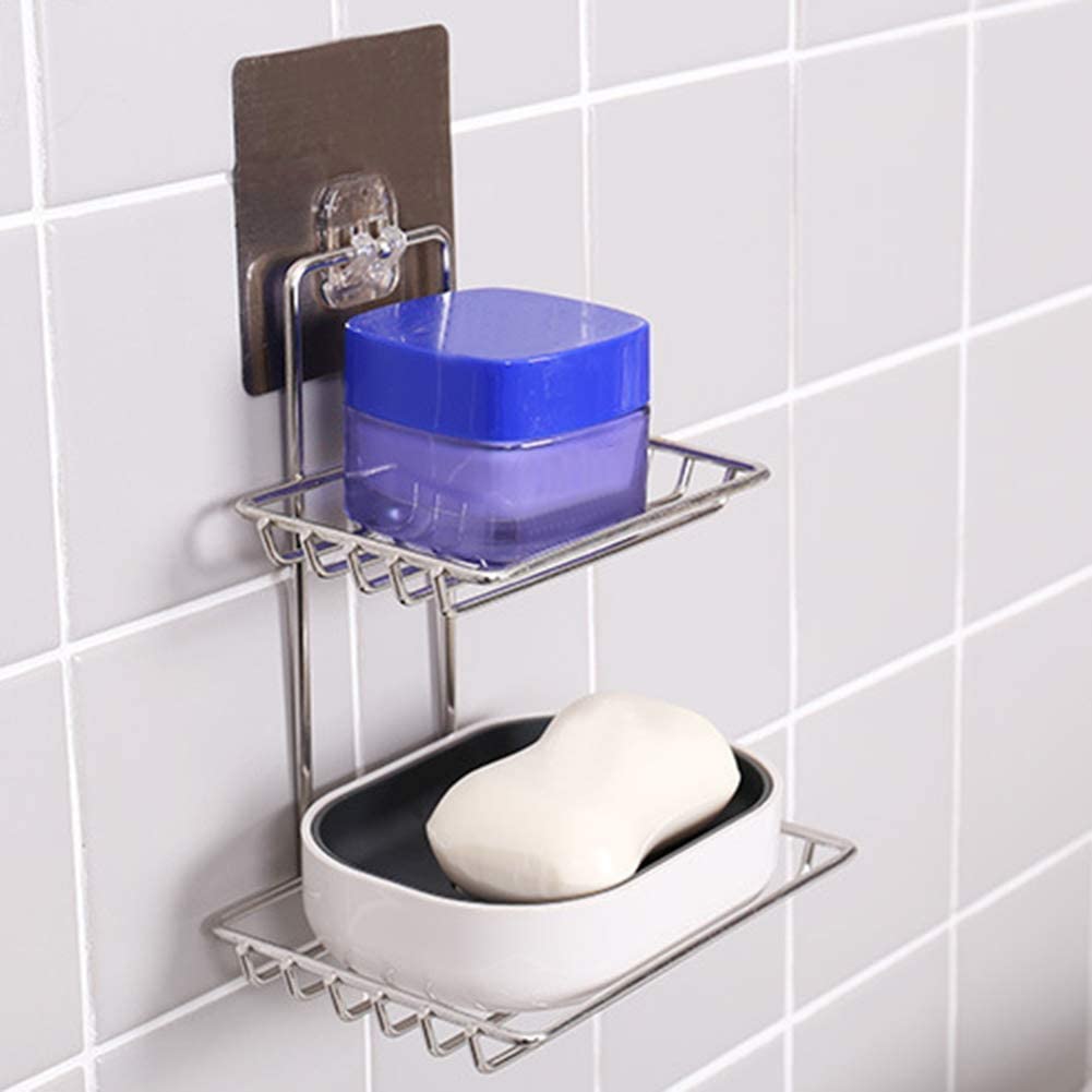 2 Tier Stainless Steel Shower Caddy Self Adhesive Bathroom Shelf Wall Mount No Drilling Storage Rack Rust Proof Shower Organizer Basket Shampoo Holder Kitchen Bathroom Accessories Organizer 4