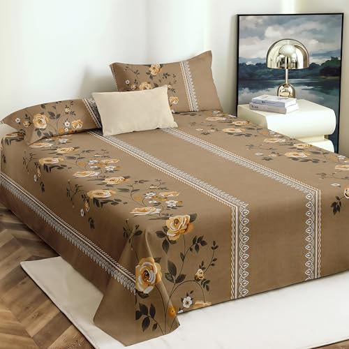 VOMZER King Size (90x100) 300 TC Soft Cotton Feel Microfiber Flat Double Bedsheet with 2 Pillow Covers | Beige Lily