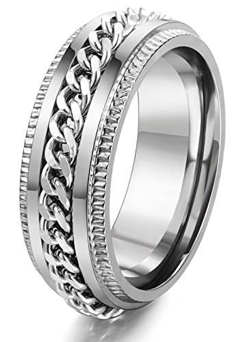 FIBO STEEL Stainless Steel 8mm Rings for Men Chain Rings Biker Grooved Edge Silver Size 9