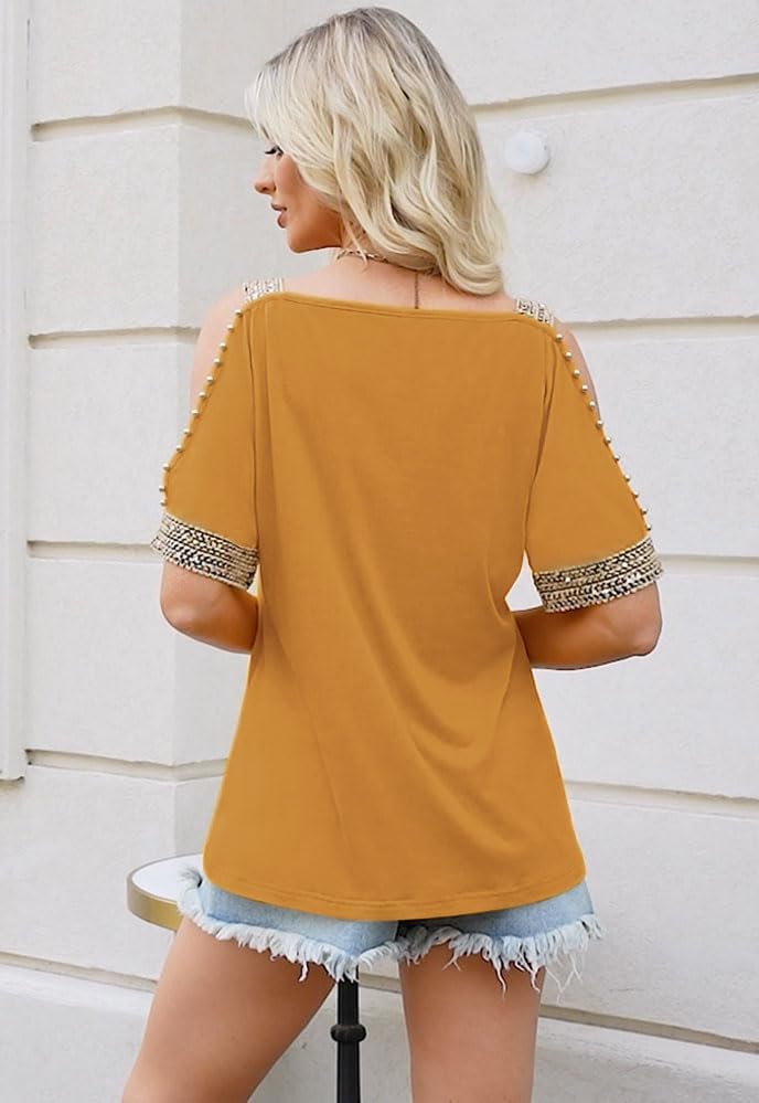 Womens Cold Shoulder Tops with Sequins V Neck Short Sleeve T Shirts Casual Loose Fit Basic Tee - Image 4