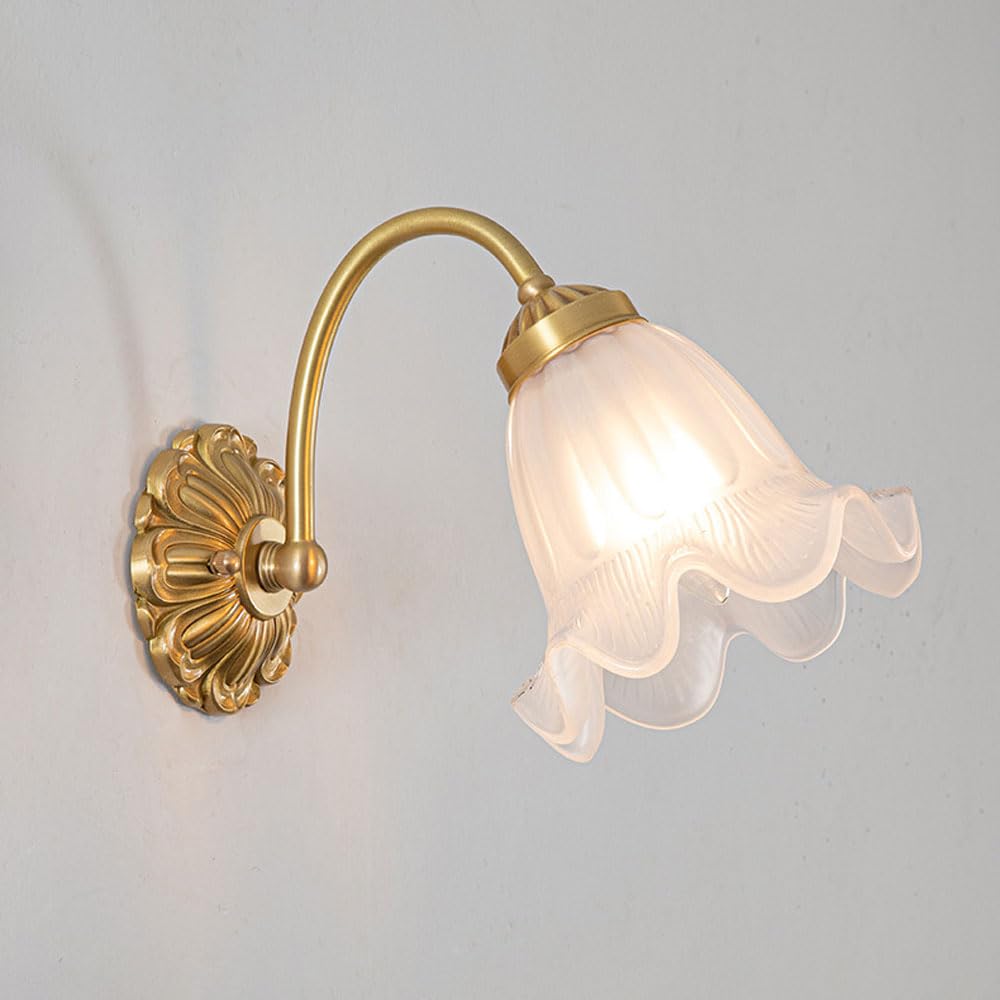 SXECAEPS Brass Wall Sconce Flower Glass Light Fixture French Style Lamp, Bedside Sconces Lighting Living Room Mounted Lamps Romantic Hardwired Lights