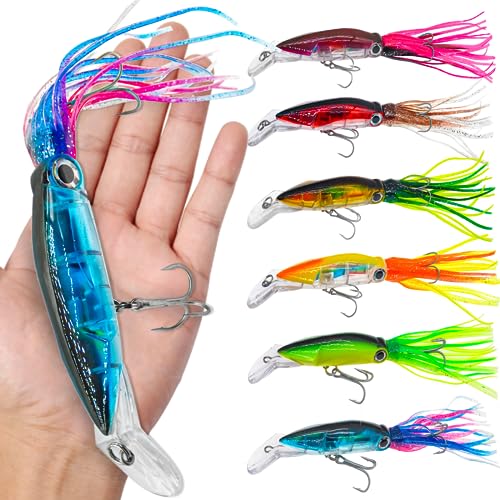 FREGITO 6 Pcs Squid Fishing Lures Set, Fishing Squid Lures Soft Luminous, Large Simulation Artificial Lures Baits Lifelike Plastic Fishing Soft Lure for Saltwater and Freshwater