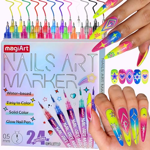 Image of 24 Color Nail Art Pens, Classic & Neon Nail Markers Set 0.5 MM Fine Tip Nail Polish Pens Drawing Painting Point Liner Painted Pen Kit, Waterproof DIY Nails Art Design Manicure Tools