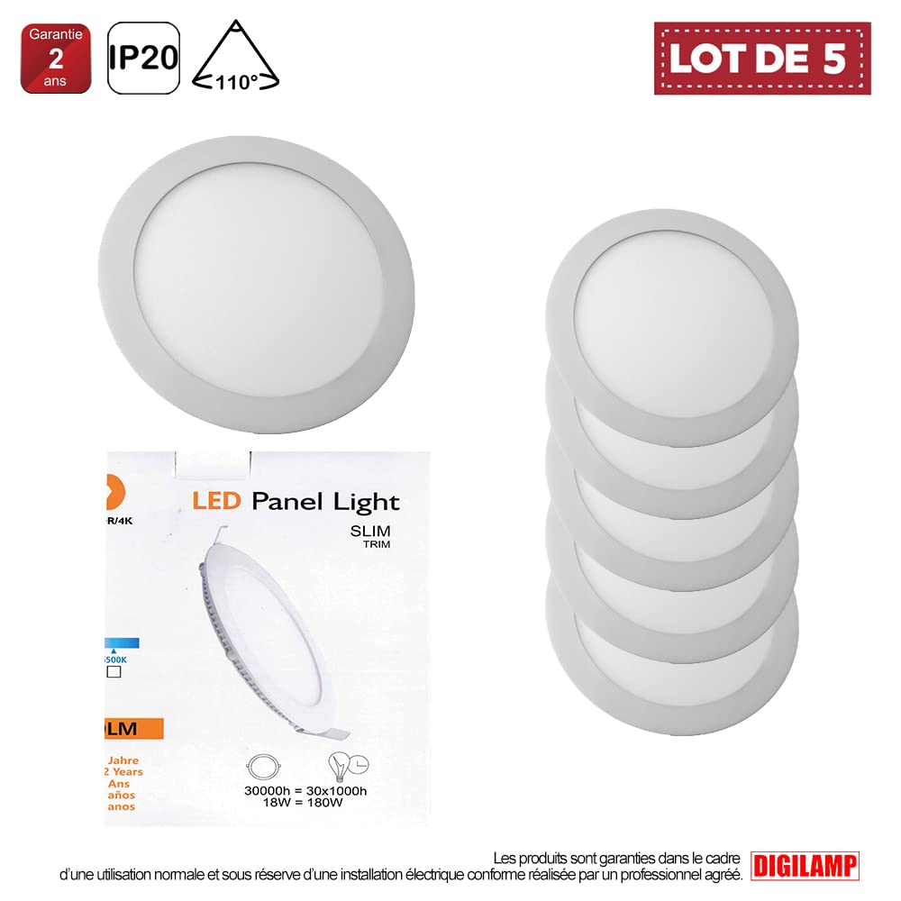 Offre spécial Lot 5 Downlight LED 18W Panel Extra plat, Spot Encastrable ø225 x 13mm 1450-1550LM 4000K