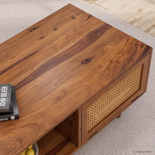 Image of Bhawo Solid Sheesham Wood Coffee Table & Center Table for Living Room with Rattan Cane Lift-Down Shutter & Open Shelf, Solid Wooden Teapoy for Sofa with Storage (Honey Finish)