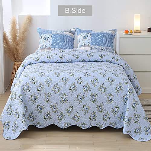 Blue Patchwork Quilt Set Full Queen Size Reversible Floral Quilted Bedspread Coverlet Set 3-Piece Lightweight Stitched Comforter Bedding Set Bed Sheet Cover Blanket With 2 Pillow Shams For All Season #TOP3
