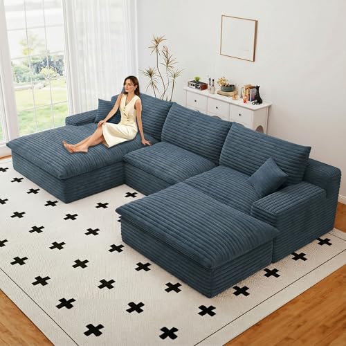 Image of 107 inch Cloud Couch Modular Sectional Sofa for Living Room, U-Shape Boneless Couch with Deep Seat, Modern Corduroy 3-Seater with Ottoman, No Assembly Required (Blue,Left-Facing Chaise)