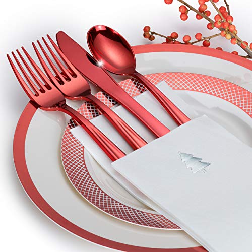By Madee HEAVYWEIGHT 175 Pc Christmas Plates and Napkins | Ivory with Red Trim Plastic Christmas Disposable Dinnerware Set with Silverware & Linen-Like Premium Napkins for the Holidays (25 Guests) – Image 4