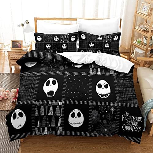 Nightmare Before Christmas Duvet Cover with Pillowcases Jack And Sally Cartoon Bedding Set with Zipper Closure Luxury Soft Microfiber Quilt Covers for Kids Teens Adults Double200x200cm